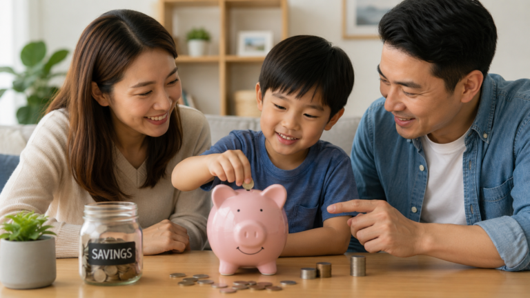 Child learning financial stability by saving money in a piggy bank at home.