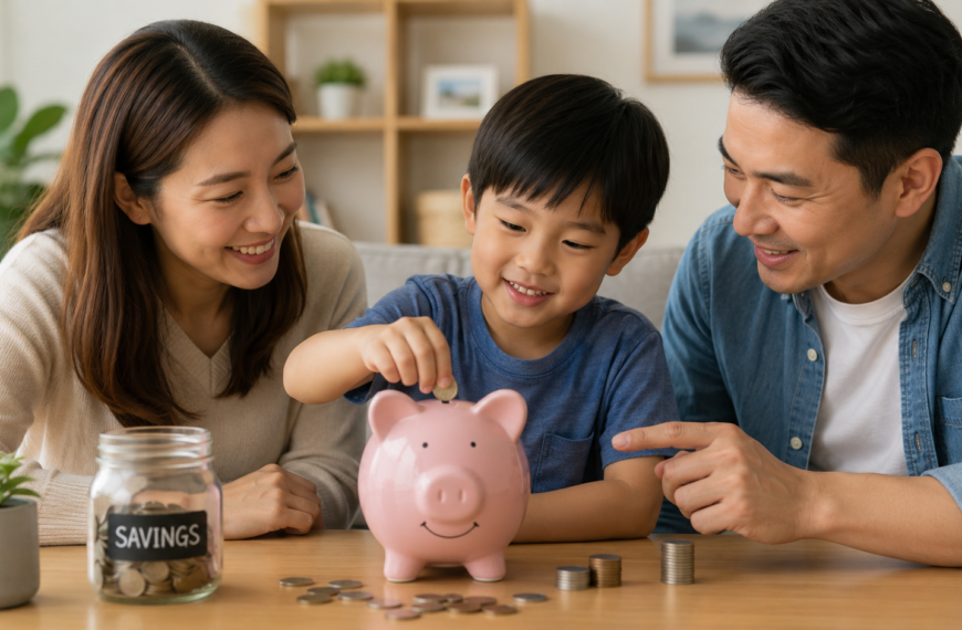 Child learning financial stability by saving money in a piggy bank at home.