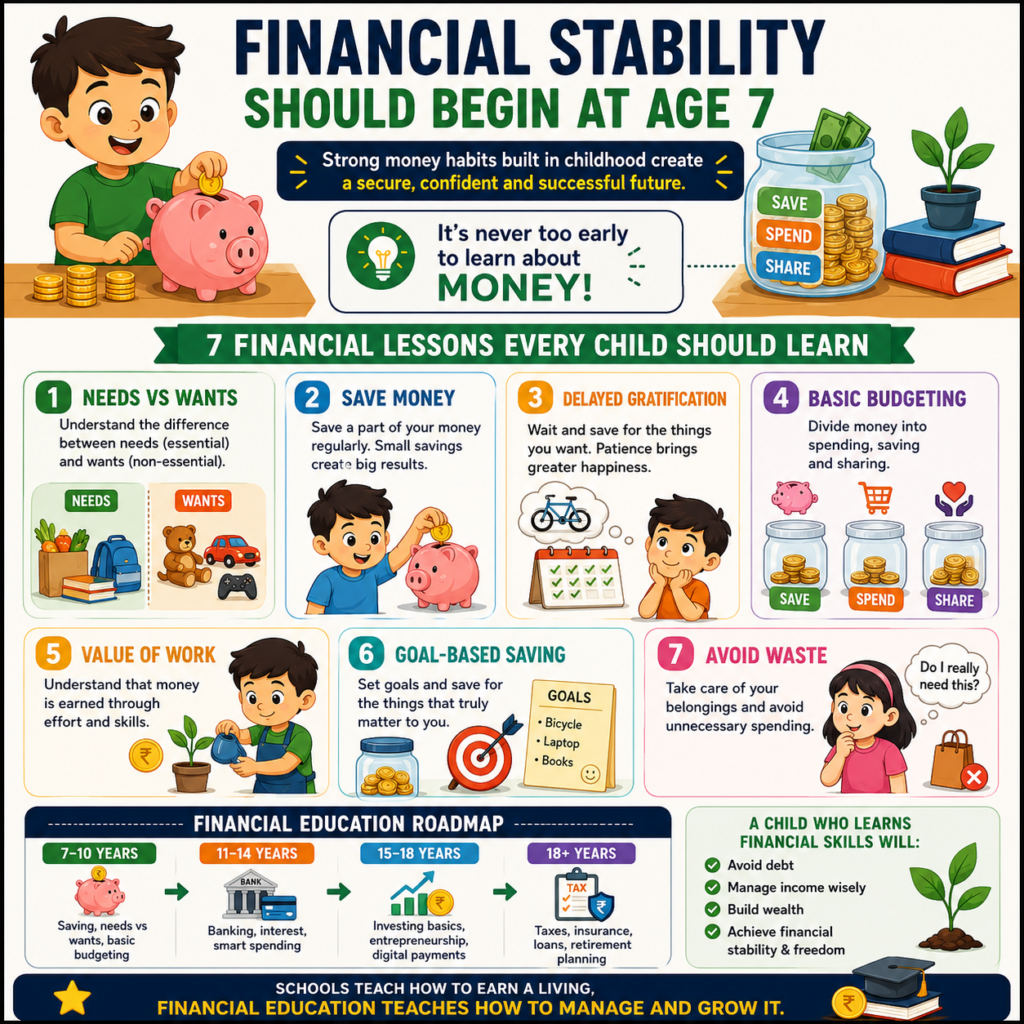 Financial stability for kids infographic showing seven money lessons for children, including saving, budgeting, goal setting, and financial literacy from age 7.