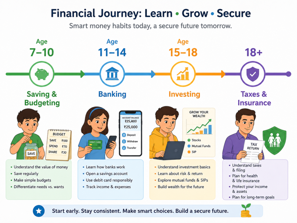 Financial education roadmap from childhood to adulthood.