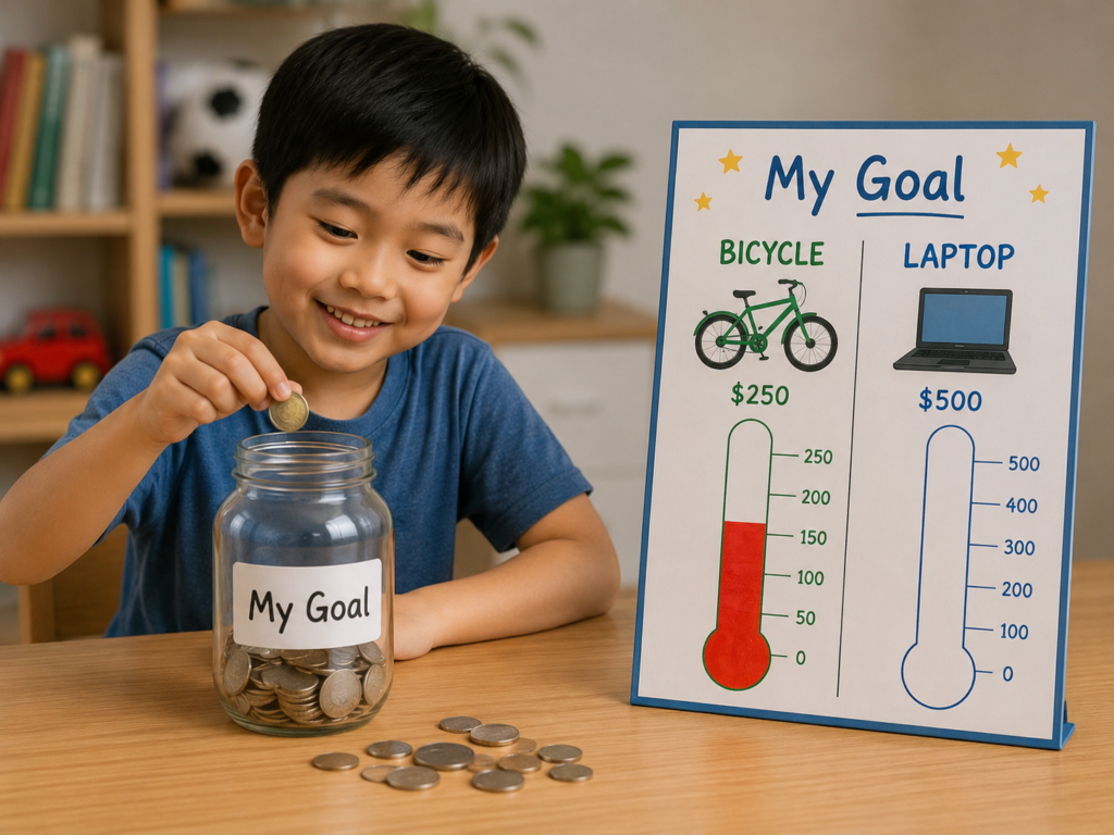 Goal-based saving habit for children learning money management.