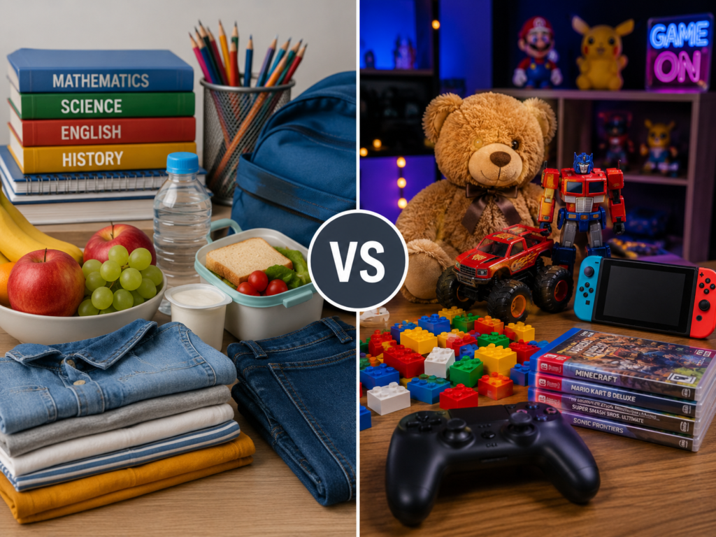 Needs versus wants financial education concept for children.