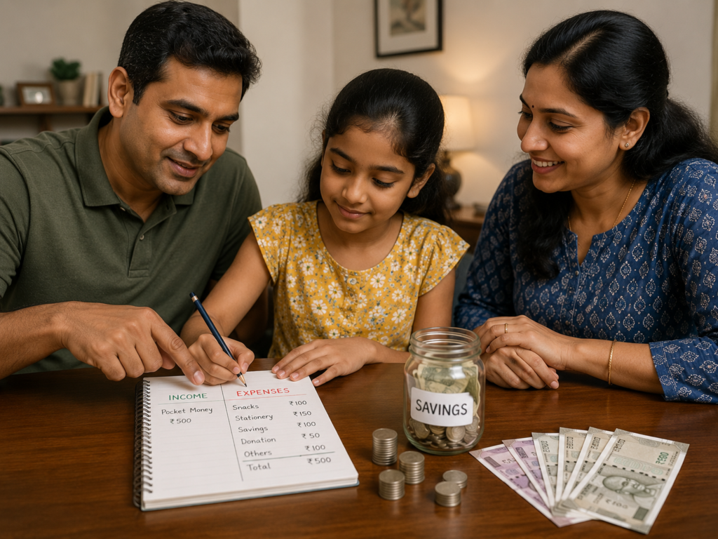 Parents teaching a child budgeting using cash, coins, and a notebook at a dining table.
